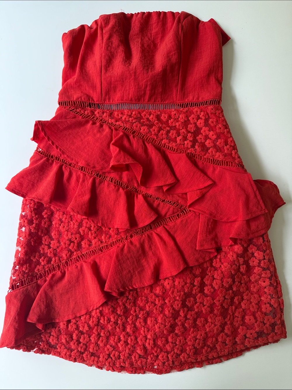 Strapless Red Ruffle Lace Mini Dress - Picture 3 of 10